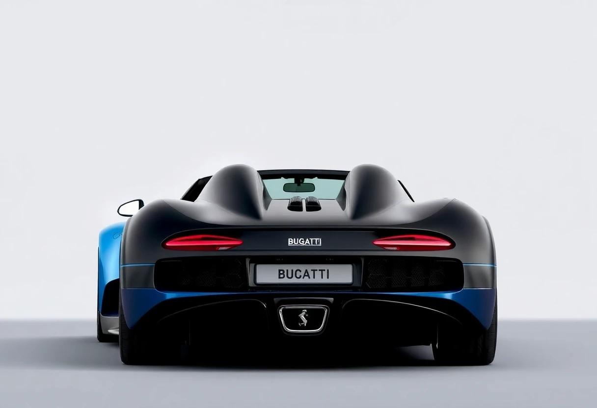 Bugatti Mistral, roadster bleu et noir, vue de 3/4 arrière